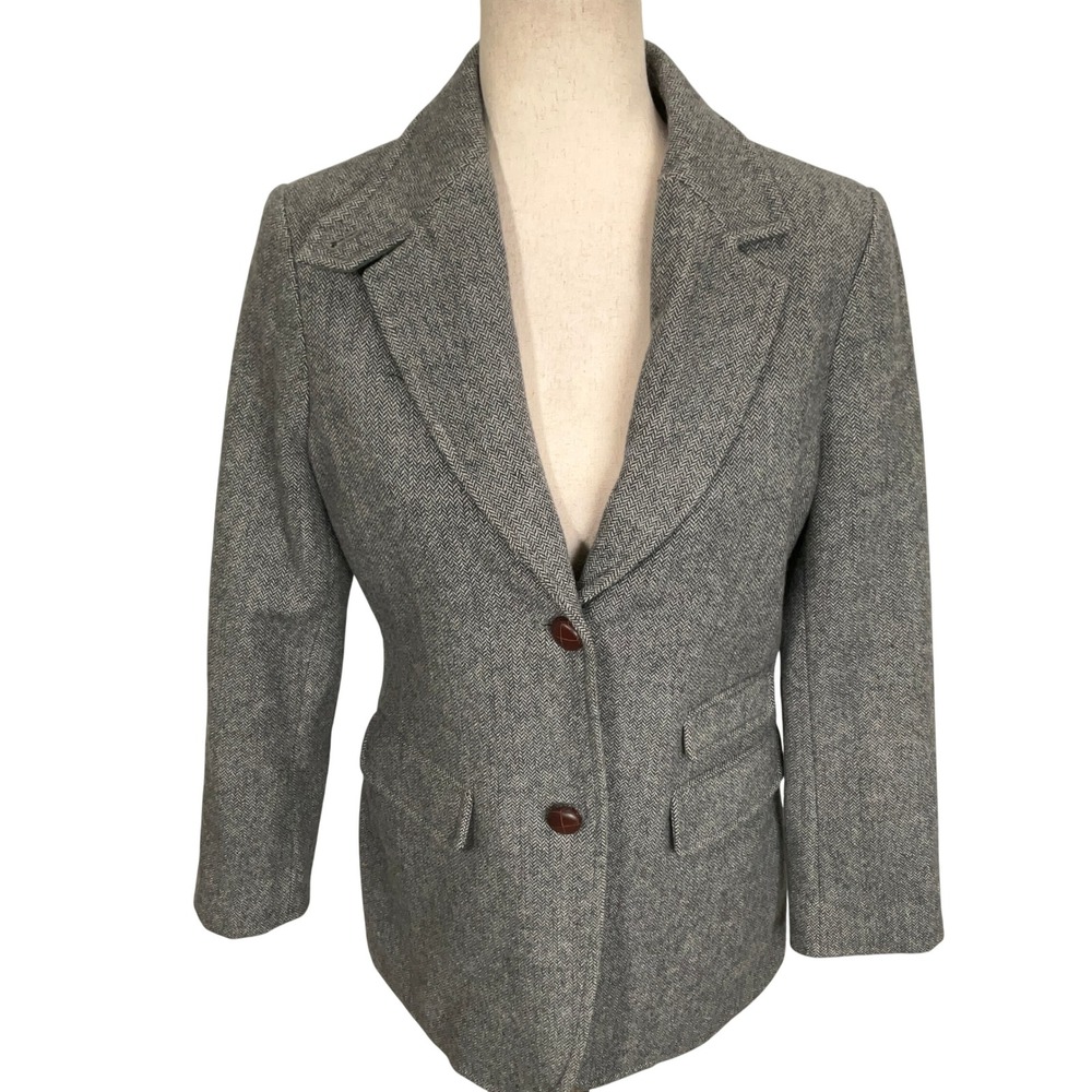 Lands' End Blazer Womens 4 Gray Herringbone 2-Button Equestrian Heritage Wool